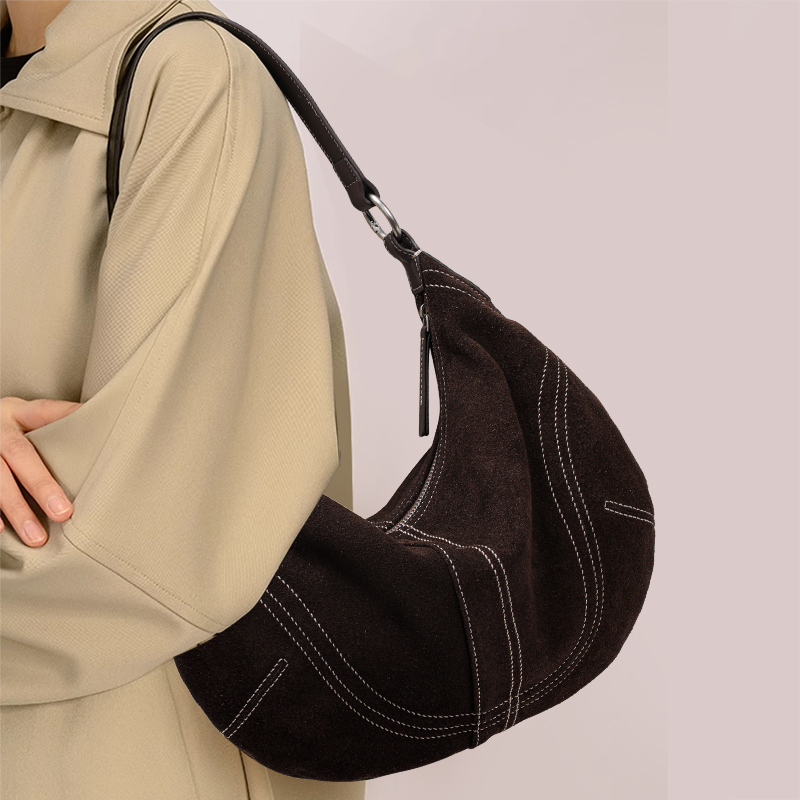 Half Moon Bag Suede - Aidanni Cowhide Suede Underarm Bag for